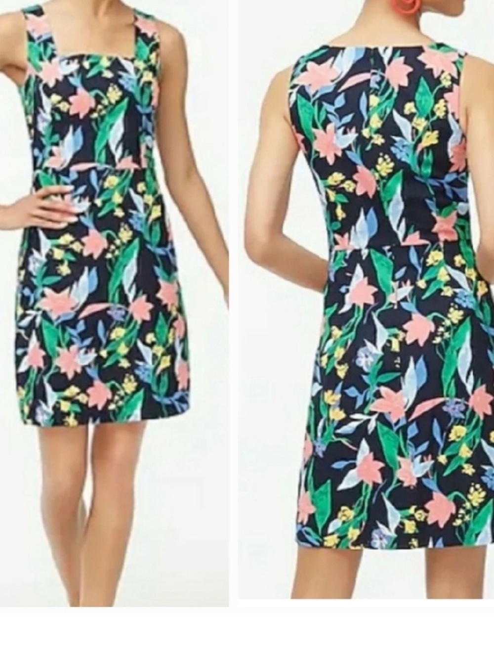 J. Crew Navy Floral Square-Neck Mini Dress with Pink and Green Accents